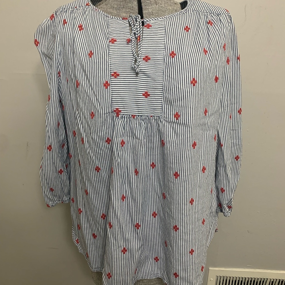 St. John's Bay Navy and White Striped Blouse with Red Floral Embroidery